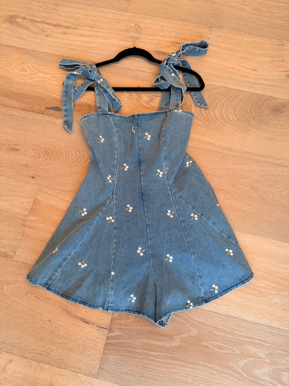 Altard State Light Blue Embroidered Denim Tie-Shoulder romper - Picture 2 of 5